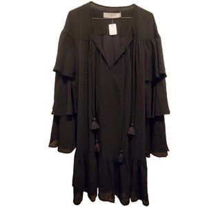 NWT Happy Nature Boho Black Swiss Dot Dress With Tiered Ruffle Sleeves Size M